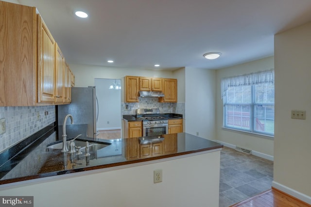 kitchen featuring kitchen peninsula, sink, light hardwood / wood-style floors, and appliances with stainless steel finishes