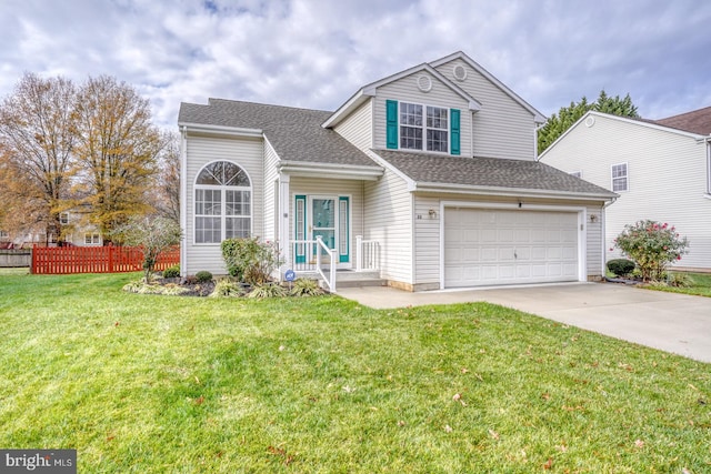 front facade with a garage and a front lawn