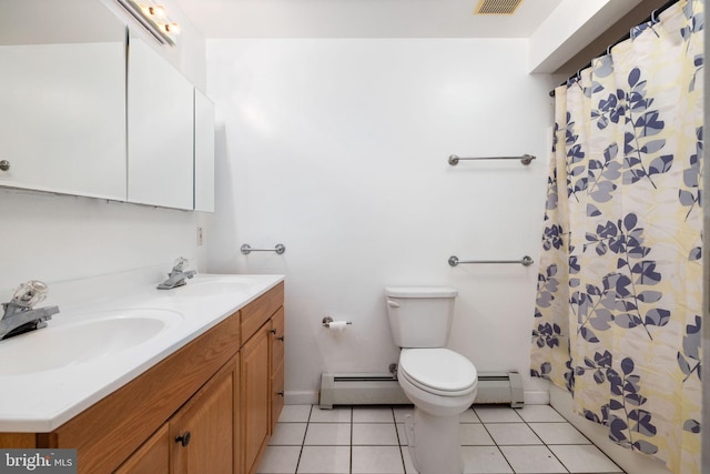 bathroom with tile patterned flooring, vanity, toilet, and a baseboard radiator