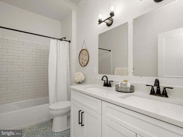 full bathroom with vanity, toilet, tile patterned flooring, and shower / bath combo with shower curtain