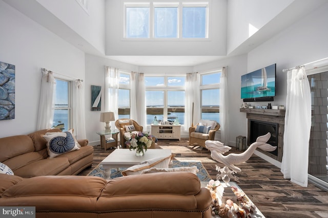 living room featuring dark wood-type flooring, a high ceiling, and plenty of natural light