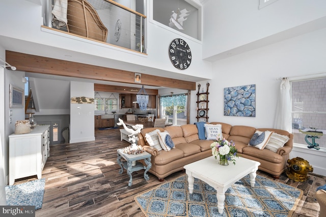 living room with sink, a high ceiling, and dark hardwood / wood-style floors