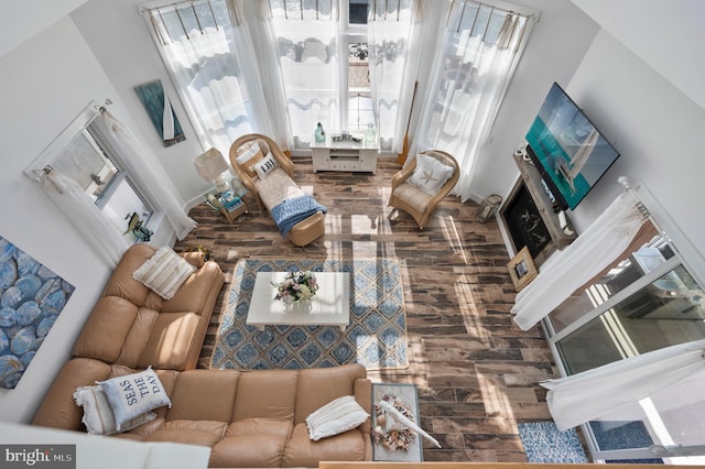 living room with hardwood / wood-style flooring and a high ceiling