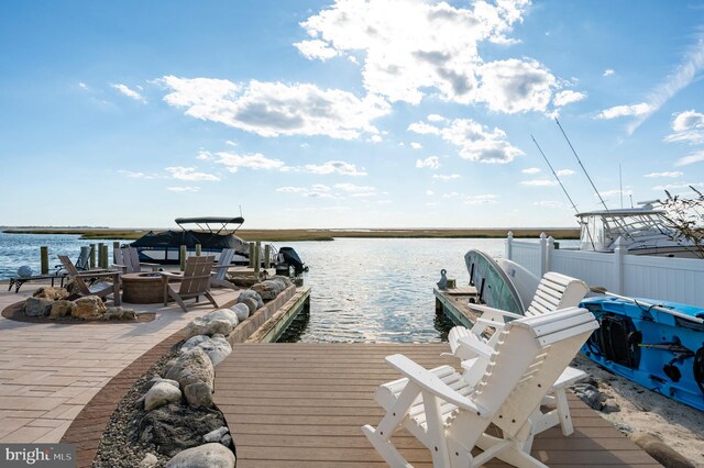 dock area featuring a patio and a water view