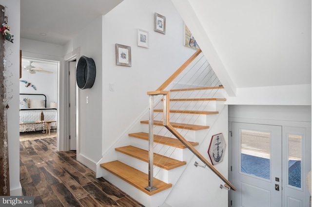 staircase with hardwood / wood-style floors