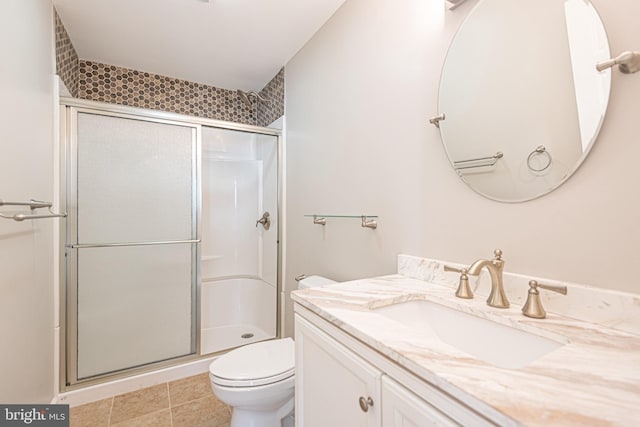 bathroom with tile patterned flooring, an enclosed shower, vanity, and toilet