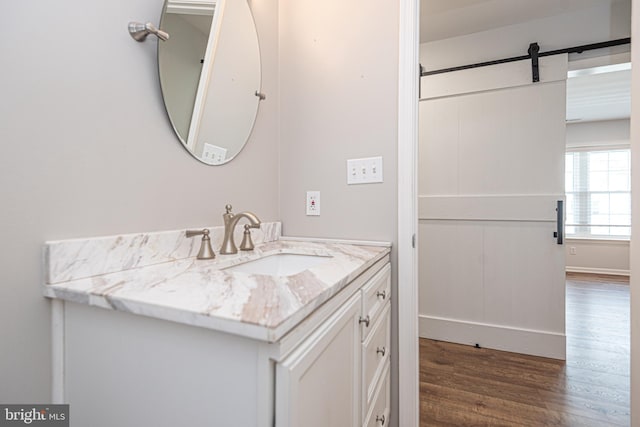 bathroom featuring hardwood / wood-style flooring and vanity