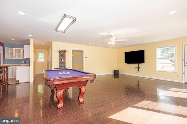 recreation room featuring ceiling fan, hardwood / wood-style flooring, and pool table