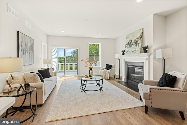 living room with light hardwood / wood-style flooring