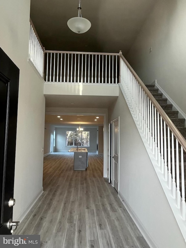 interior space with hardwood / wood-style floors, a chandelier, sink, and a high ceiling