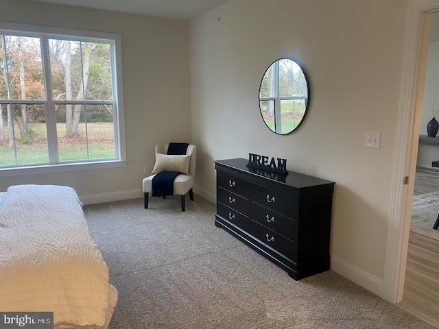 bedroom featuring light carpet