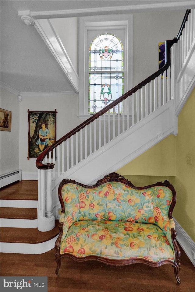 stairs featuring ornamental molding, hardwood / wood-style floors, and a baseboard heating unit