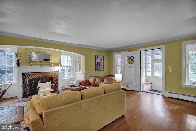 living room with ornamental molding, plenty of natural light, and hardwood / wood-style floors