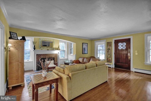 living room featuring a baseboard heating unit, dark wood-type flooring, and crown molding