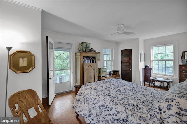 bedroom featuring wood-type flooring and ceiling fan