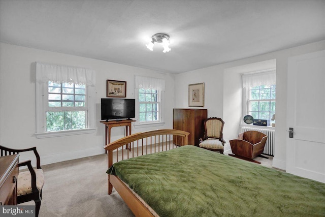 bedroom featuring radiator heating unit, carpet flooring, and multiple windows