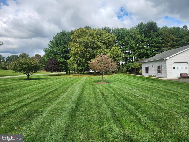 view of yard with a garage