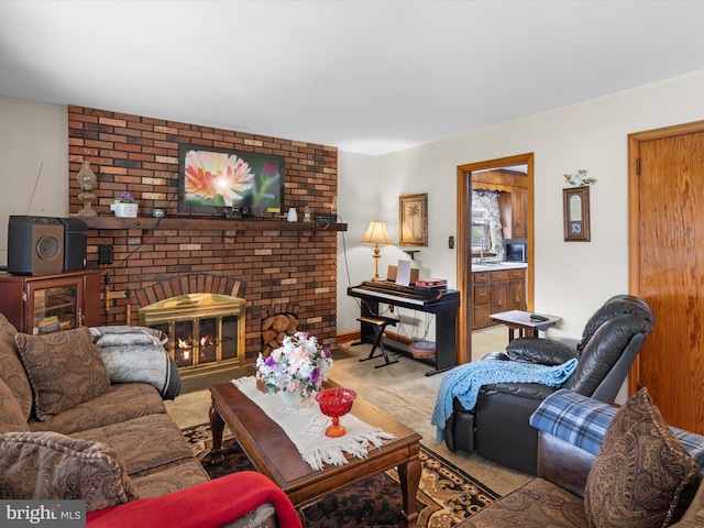 living room featuring light colored carpet, a fireplace, and sink