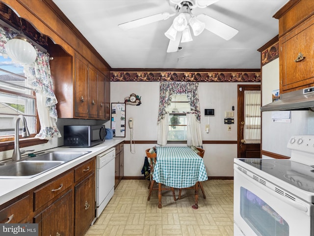 kitchen featuring white appliances, ceiling fan, exhaust hood, and sink