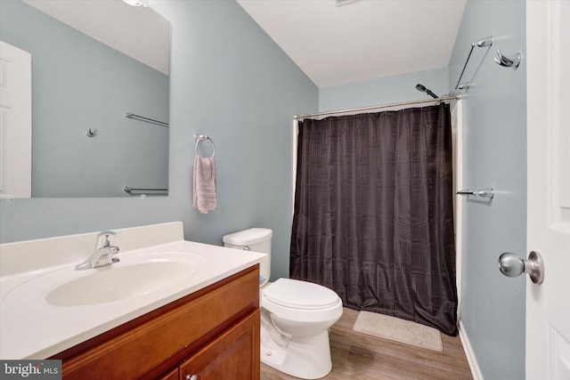 bathroom with hardwood / wood-style floors, vanity, and toilet