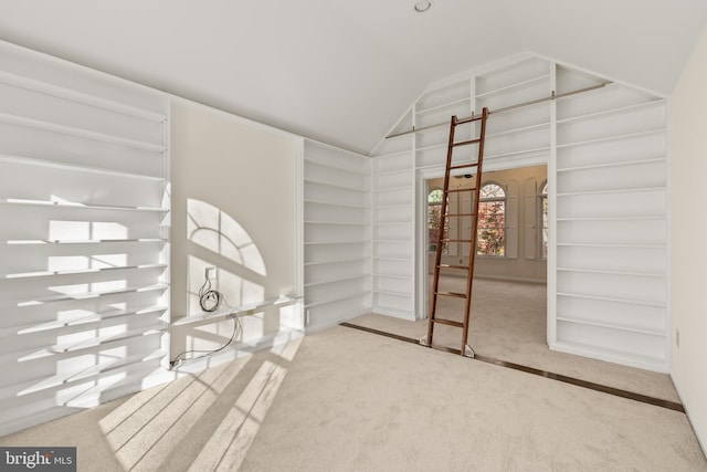 interior space featuring carpet floors and lofted ceiling