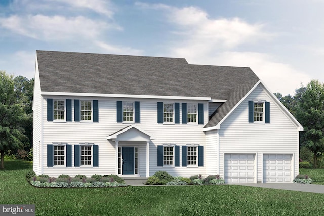 colonial-style house featuring a garage and a front yard