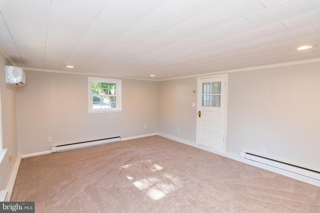 basement with a baseboard heating unit, a wall mounted air conditioner, and carpet flooring