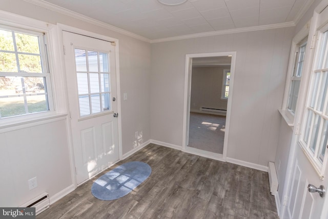 entryway featuring a baseboard radiator, ornamental molding, and dark hardwood / wood-style floors