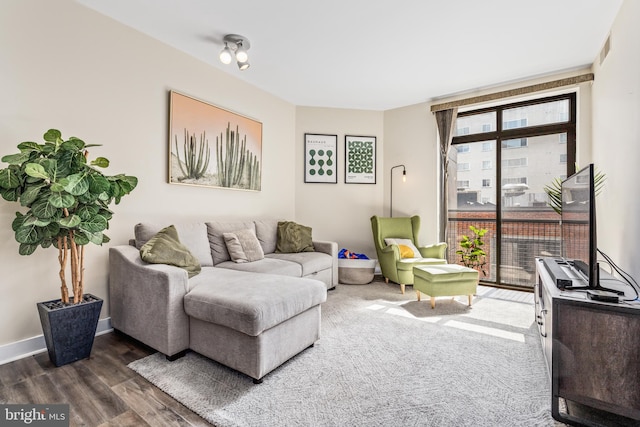 living room with dark wood-type flooring