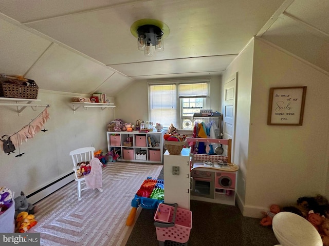 recreation room with lofted ceiling, carpet, and baseboard heating