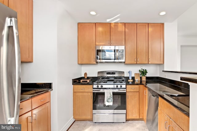 kitchen with appliances with stainless steel finishes and dark stone countertops