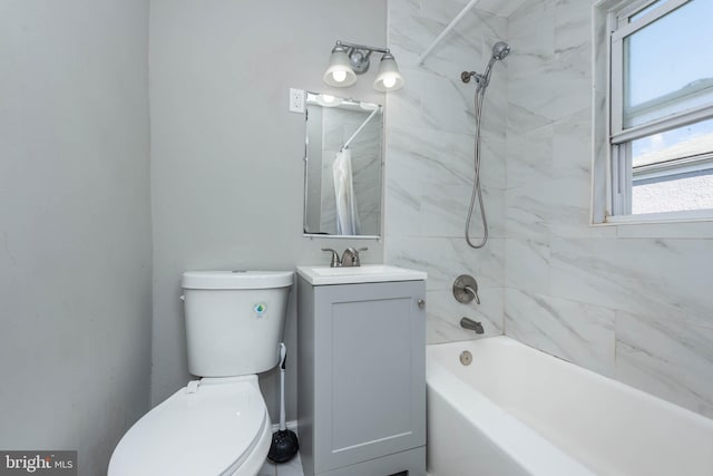 full bathroom featuring shower / bath combination with curtain, vanity, and toilet