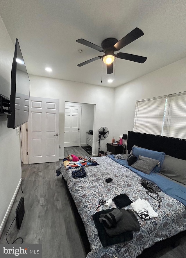 bedroom featuring ceiling fan and dark hardwood / wood-style floors