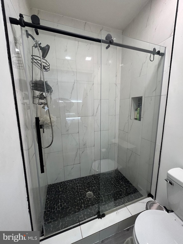 bathroom featuring a stall shower and toilet