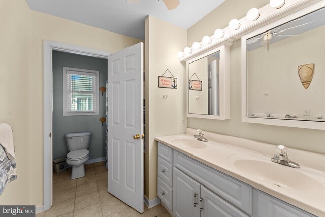 bathroom featuring tile patterned floors, ceiling fan, vanity, and toilet