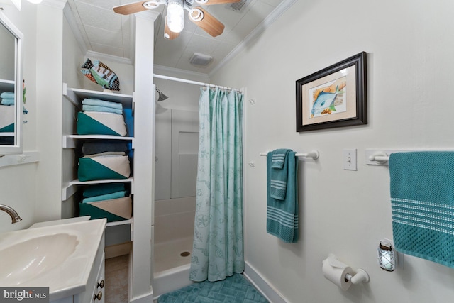 bathroom featuring a shower with curtain, ceiling fan, vanity, and crown molding