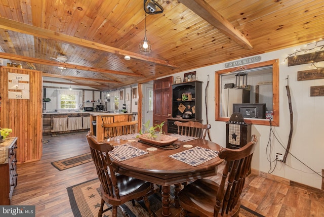 dining space featuring wooden walls, wood ceiling, dark hardwood / wood-style floors, and beam ceiling