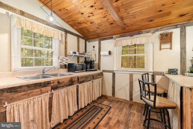 kitchen with vaulted ceiling with beams, sink, wood ceiling, and dark wood-type flooring