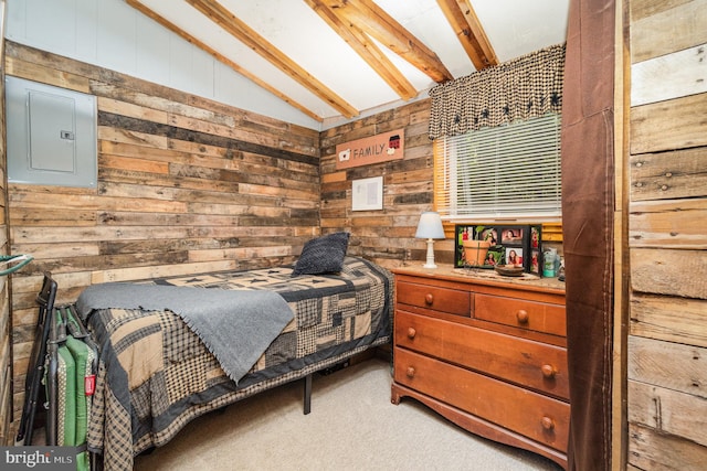 carpeted bedroom featuring wood walls, electric panel, and vaulted ceiling with beams