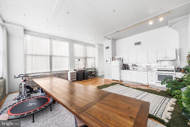 dining space with light wood-type flooring and track lighting