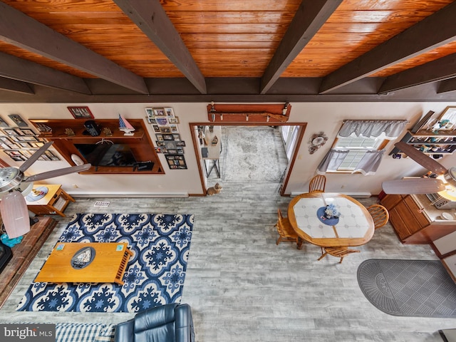 living room with beamed ceiling, ceiling fan, and wood ceiling