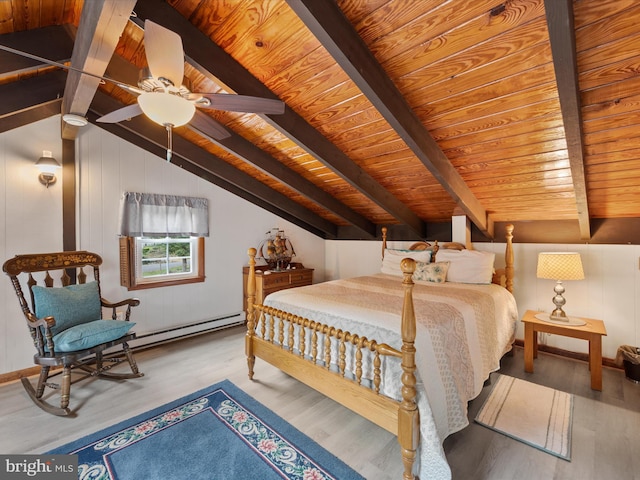 bedroom with vaulted ceiling with beams, hardwood / wood-style flooring, and wooden ceiling