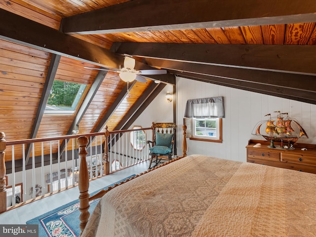 bedroom featuring wood walls, vaulted ceiling with skylight, wood ceiling, and wood-type flooring