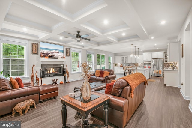 living room with beam ceiling, light hardwood / wood-style floors, and plenty of natural light