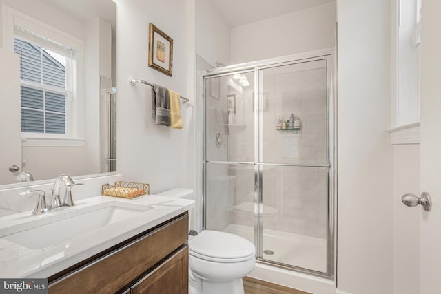 bathroom featuring vanity, toilet, hardwood / wood-style flooring, and an enclosed shower