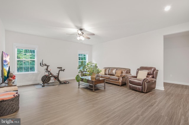 living room featuring light hardwood / wood-style flooring and ceiling fan