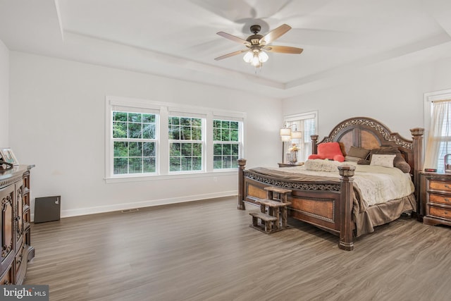 bedroom featuring ceiling fan, a tray ceiling, and hardwood / wood-style floors