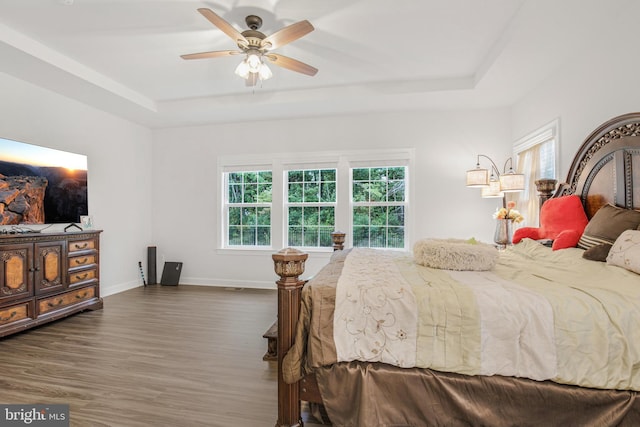 bedroom with dark wood-type flooring, a raised ceiling, and ceiling fan