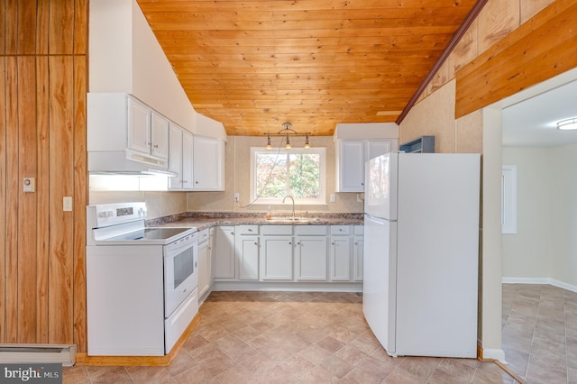 kitchen with lofted ceiling, white cabinetry, sink, and white appliances