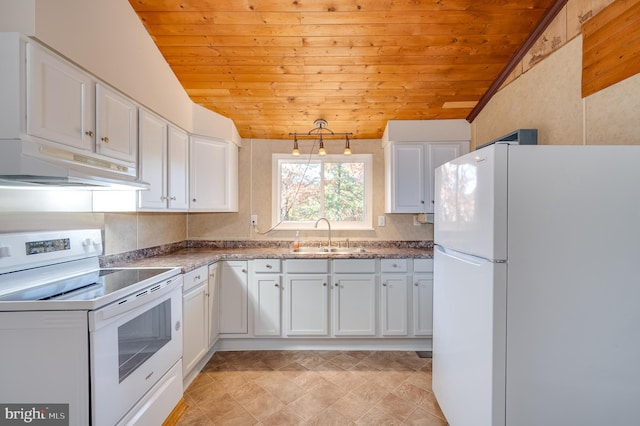 kitchen with sink, white cabinets, wood ceiling, and white appliances